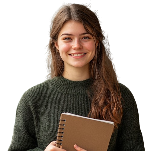 A woman student holding a notepad